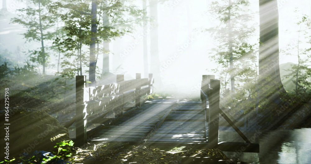 Fototapeta premium Soft rays of sunlight pierce through the dense trees, casting an ethereal glow on a rustic wooden bridge nestled in a peaceful forest. Mist lingers, enhancing the serene atmosphere.