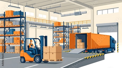 A warehouse scene with a forklift loading pallets into a truck