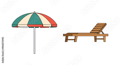 Retro beach umbrella and wooden deck chair vector set, colorful sunshade and lounge chair icons, summer vacation and resort relaxation elements