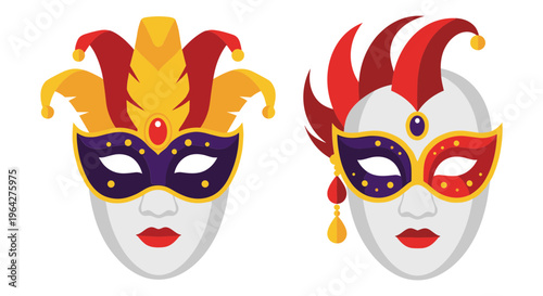 Venetian carnival masks with feathers and jewels, set of 2 masquerade face vectors, ornate mardi gras party costumes on white background