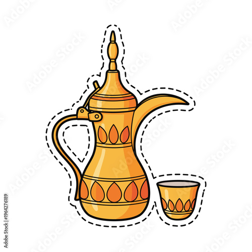 Traditional Arabic Coffee Pot Dallah and Finjan Cup, Vector Icon