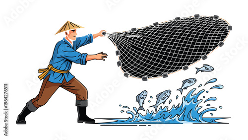Fisherman's Bounty: A fisherman expertly casts his net into the water, hoping to catch a bountiful harvest of leaping fish, with focus on action and tradition.