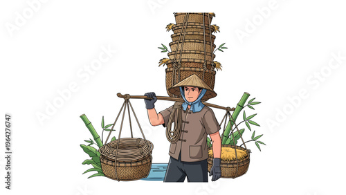 Harvest Laborer: Depicts a laborer with a woven hat, balancing a stack of harvest baskets on a bamboo pole, and baskets hanging from either side.