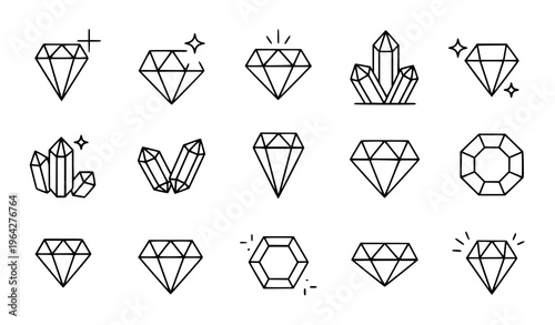 Diamond and Gemstone Vector Icon Collection Black Line Flat Minimal Isolated