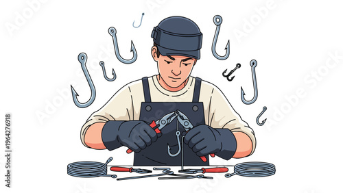 Craftsman at Work: A skilled craftsman meticulously crafting and repairing fishing hooks. his focused expression and deliberate movements reveal a deep dedication to his craft. 