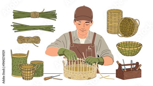 Artisan Weaving Baskets: The focused artisan, amidst tools and materials, intricately weaves natural fibers into beautifully crafted baskets. An art of craft and sustainable living