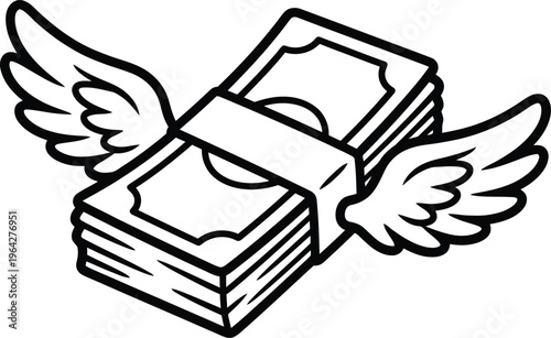 Winged stack of money illustration with wings flying