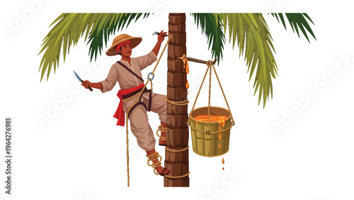 Palm Tree Climber: A skilled worker meticulously ascends a towering palm tree to harvest its precious yield, showcasing the traditional method and cultural practice.