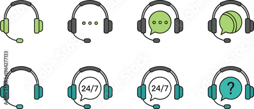 Customer Support Headset Icon Set with Chat Bubbles, 24/7 Service, and Help Symbols in Flat Design for Call Center and Communication Apps