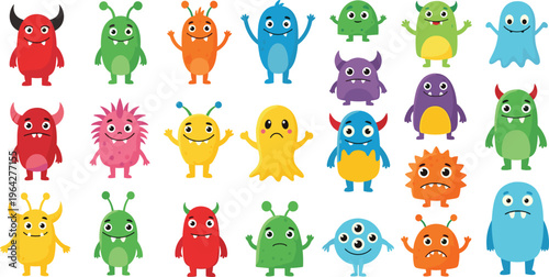 Colorful Cute Cartoon Monster Character Set with Different Expressions, Poses, and Colors for Kids, Nursery, Educational Materials, Stickers, and Halloween Illustrations
