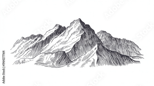 Hand-drawn mountain range illustration detailed sketch of snowy peaks and rocky slopes perfect for adventure and nature themes