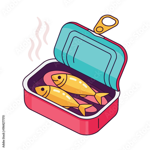 Open Can of Sardines, Steaming, Vector Illustration