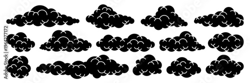 Set of cartoon cloud in a flat design. Black cloud collection.