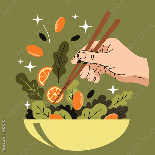 Hand using chopsticks to pick up salad ingredients from a bowl, healthy eating concept