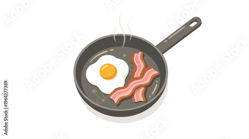 Bacon and Sunny Side Egg in Frying Pan Flat Vector Cooking Scene