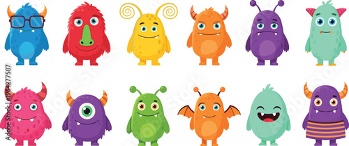 Cute Cartoon Monster Character Set with Different Colors, Expressions, and Accessories for Kids, Nursery, Educational Materials, Stickers, and Fantasy Illustratio