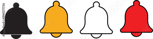 Set of notification bell icons in black gold white and red colors isolated on transparent background.