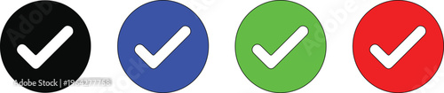 Circular check mark icons in black blue green and red colors for approval and verification status.