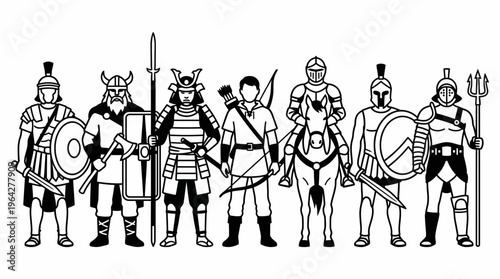 Historical warriors and soldiers from different eras and cultures illustrated