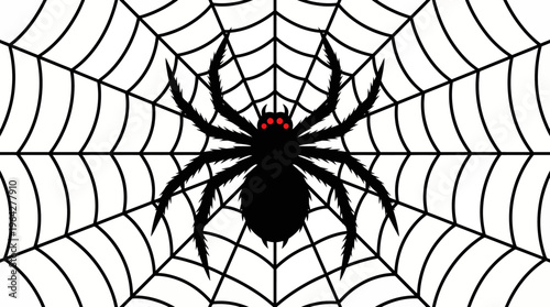 Creepy black spider with bright red eyes on a white web, Halloween illustration