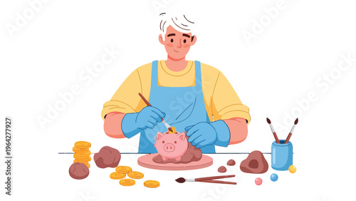 Ceramic Artist's Piggy Bank: A focused artisan meticulously molds and crafts a charming piggy bank, his workspace a testament to creativity and the joy of handmade artistry.