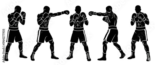 Boxing action sequence a fighter in various stances and punches during a match