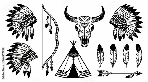 Tribal Native American Icons Feathers, Headdress, Teepee, Bow and Arrow, Bull Skull