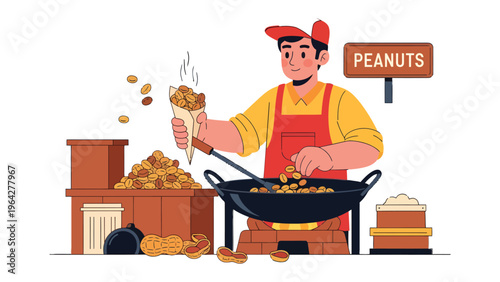 Peanut Vendor: A vendor at a peanut stall expertly prepares fresh, hot peanuts. The aroma of roasting peanuts fills the air, attracting customers with the promise of a tasty treat.