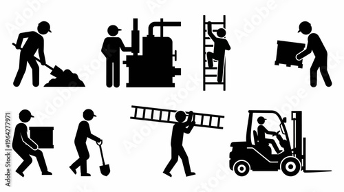 Pictograms of workers performing various manual labor and industrial tasks