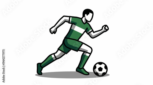 Dynamic illustration of a male soccer player in a green uniform actively dribbling a football on a white background