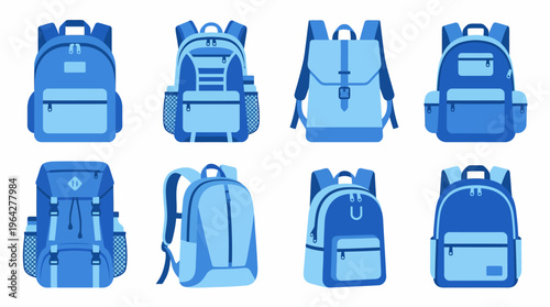 Diverse Collection of Blue Backpack Illustrations for Educational Journeys and Outdoor Expeditions