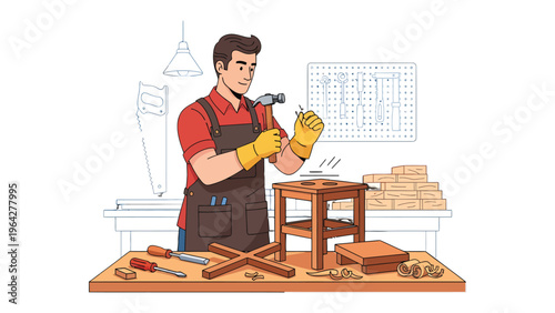 Craftsman at Work: A skilled craftsman, clad in a brown apron and yellow gloves, meticulously works on a wooden stool, demonstrating his expertise in the craft.