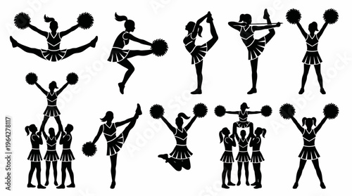 Cheerleaders Performing Athletic Stunts and Routines with Pom Poms