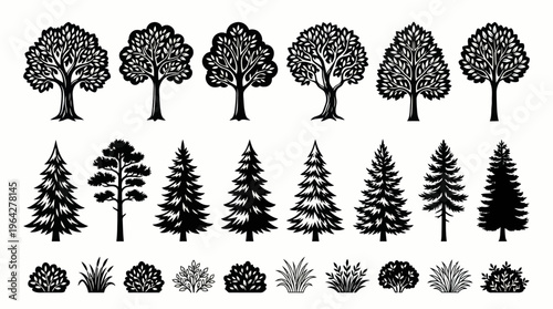 Extensive Collection of Stylized Tree, Bush, and Shrub Silhouettes for Landscape Design and Graphic Projects