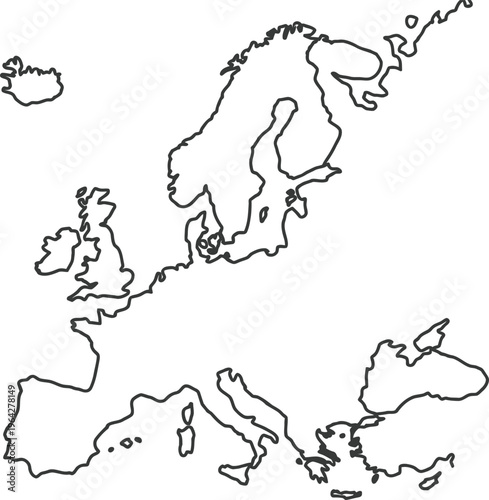 Vector illustration of a detailed European continent map in black and white for educational and geographical purposes worldwide