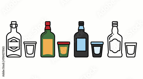 Colorful collection of outlined vector alcohol bottles and shot glasses, symbolizing festive leisure and bar culture