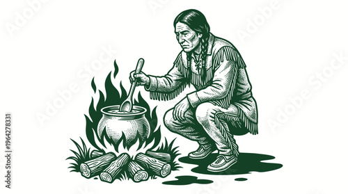 Native American man cooking over an open campfire, traditional lifestyle illustration
