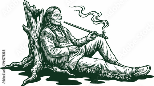 Native American man relaxing and smoking a pipe next to a tree