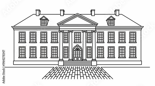 Elegant neoclassical mansion with grand columns and manicured facade illustration