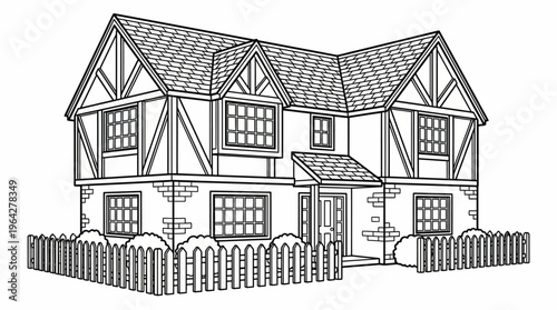 Detailed Line Art Illustration of a Traditional Tudor Style House with Picket Fence, Perfect for Coloring Books or Architectural Studies