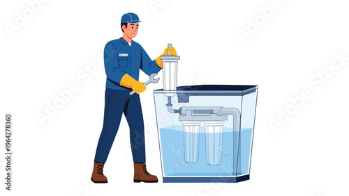 Water Filtration Technician: A skilled technician, equipped with tools, diligently inspects a water filtration system, ensuring optimal performance and purity.