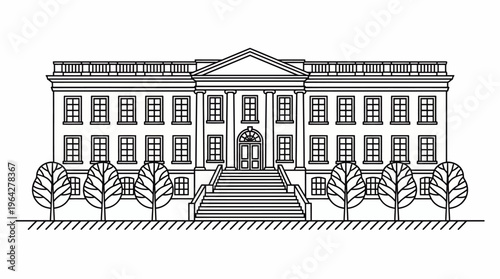 Governmental Building Facade with Columned Entrance and Trees Lining the Pathway