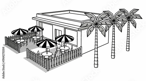 Exterior view of a charming outdoor cafe with umbrellas and palm trees
