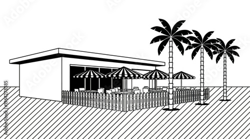 Beachfront cafe with palm trees and outdoor seating, perfect for relaxation