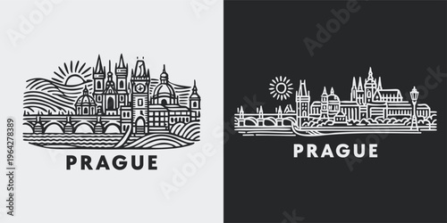 Prague City Skyline Line Art Illustration