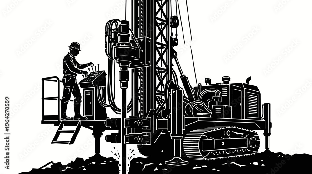 Obraz premium Industrial Drilling Rig Operation with Worker Ground Exploration and Excavation