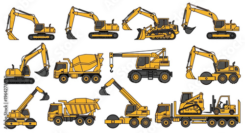 Vector outline illustration of heavy construction machinery, featuring excavators, dump trucks, and cranes for industrial projects
