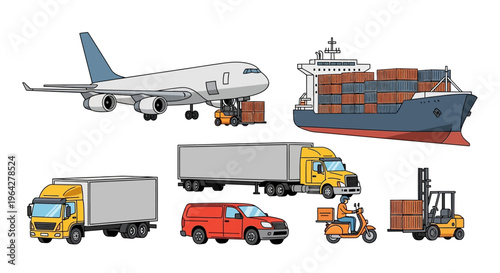 Diverse global transportation and logistics fleet air, sea, and land vehicles for freight and delivery services