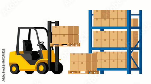 Modern industrial forklift moving stacked goods on pallets in a warehouse, representing efficient logistics and storage solutions
