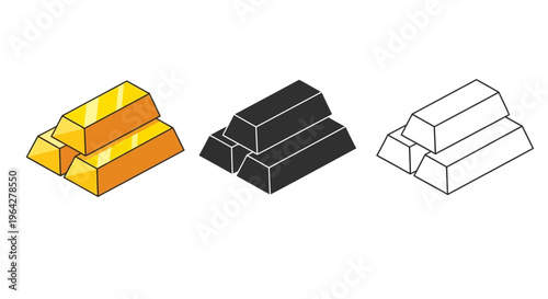 Gold bar icons in different styles 3D render, silhouette, and outline